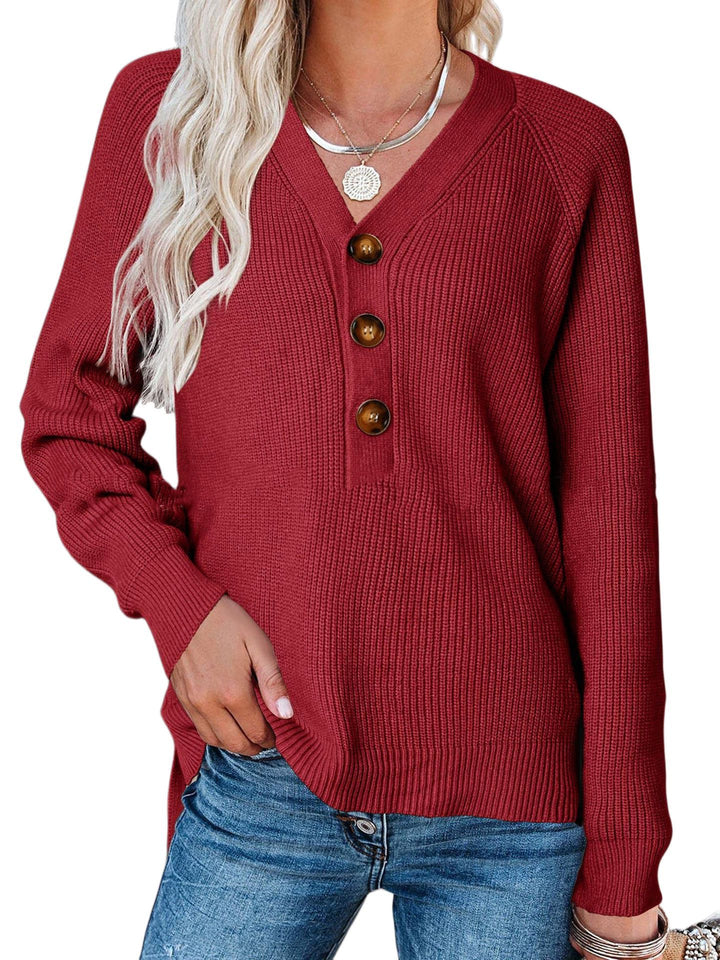 Damen Kaschmir Pullover mit V-Ausschnitt und großen Holzknöpfen Drune