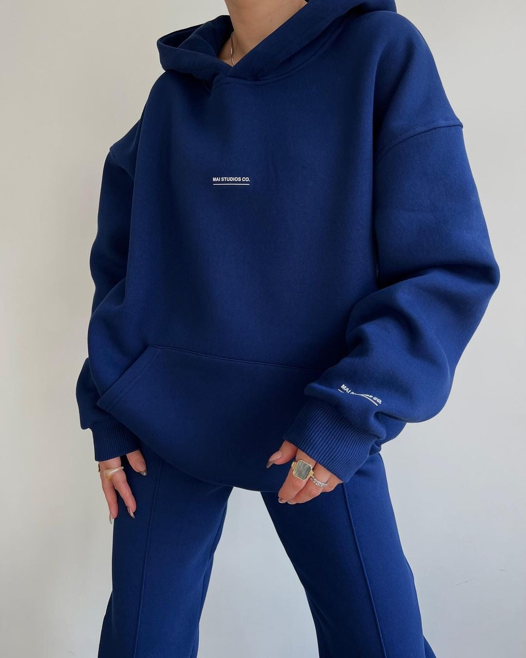 Damen Set Schwere French‑Terry Oversize‑Kapuzenpullover mit Kängurutasche und Slim‑Jogginghose Drune