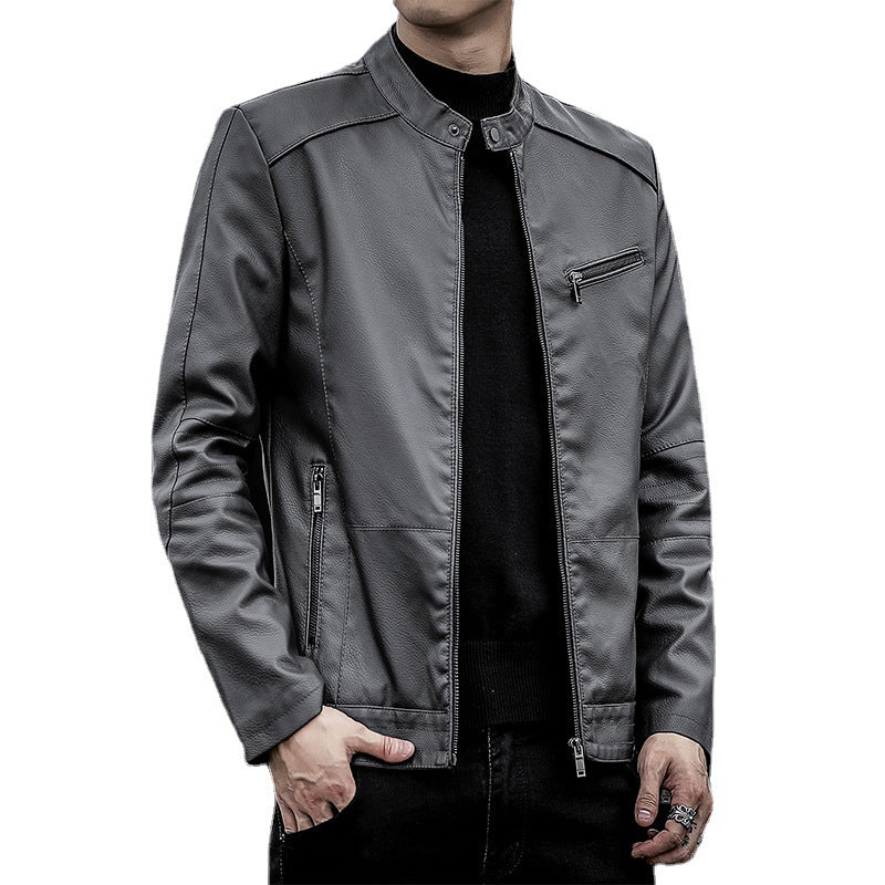 Herren Slim-Fit Kunstleder-Motojacke mit Stehkragen und Reißverschlussdetails Drune
