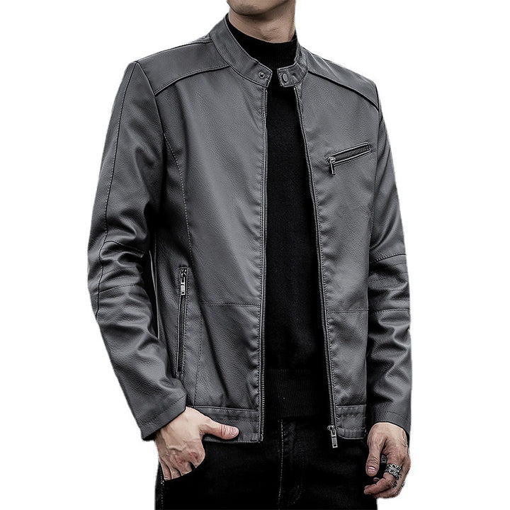 Herren Slim-Fit Kunstleder-Motojacke mit Stehkragen und Reißverschlussdetails Drune