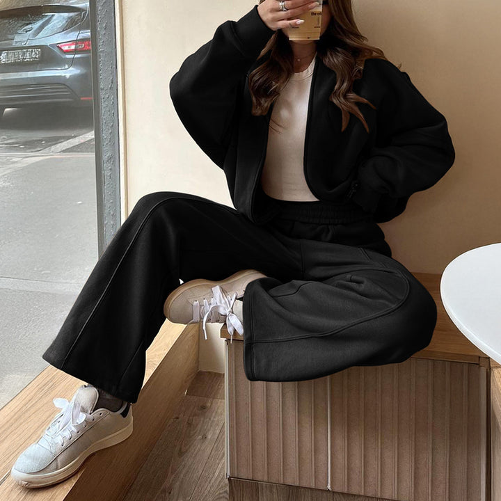Damen nan Oversize-Zipjacke und hochgeschnittene Palazzohose aus weichem French-Terry Drune