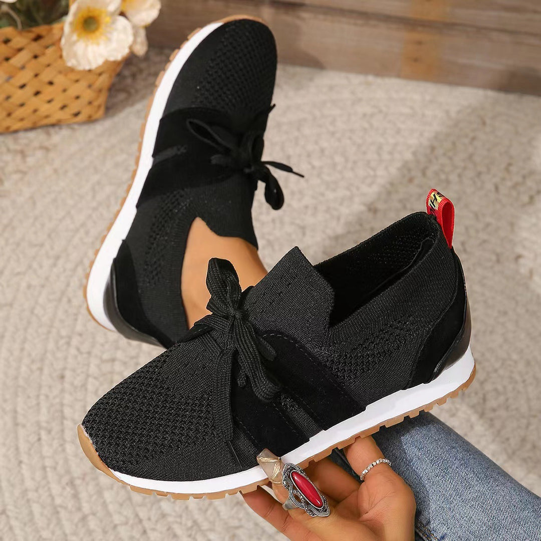 Damen nan gestrickter Slip-On Sneaker mit dekorativer Schnürung, gepolstertem Komfortfußbett und rutschfester Gummiprofilsohle Drune