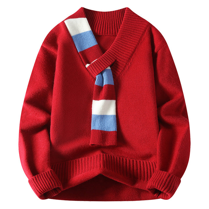 Herren V-Ausschnitt Strickpullover mit integriertem Kontraststreifen-Schal und gerippten Bündchen Drune