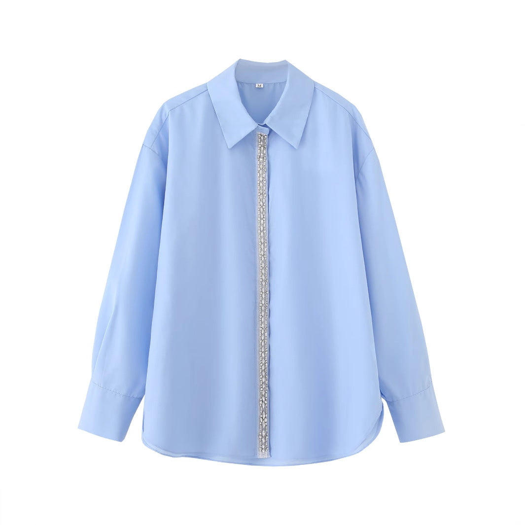 Damen nan oversized Hemdbluse mit Perlen- und Schmucksteindetail an verdeckter Knopfleiste, klassischem Kragen und gerundetem Saum Drune