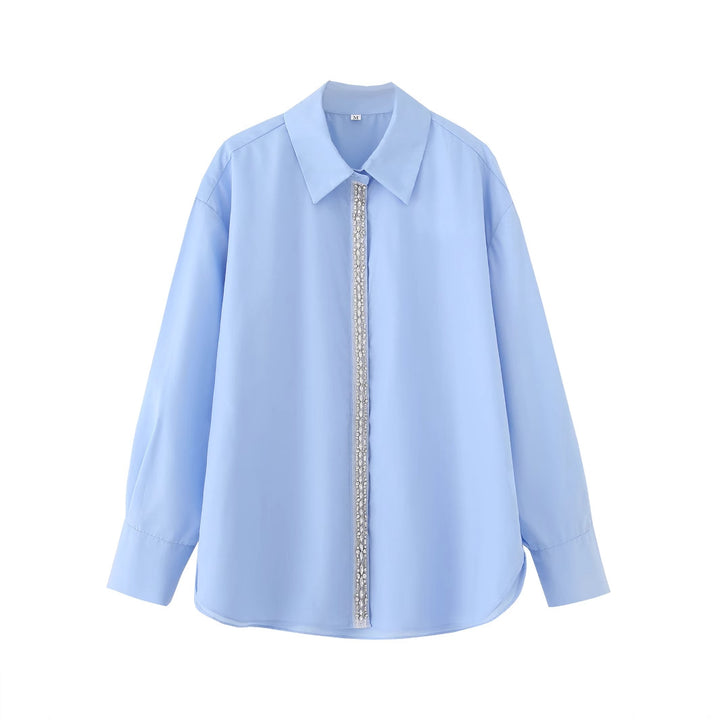 Damen nan oversized Hemdbluse mit Perlen- und Schmucksteindetail an verdeckter Knopfleiste, klassischem Kragen und gerundetem Saum Drune