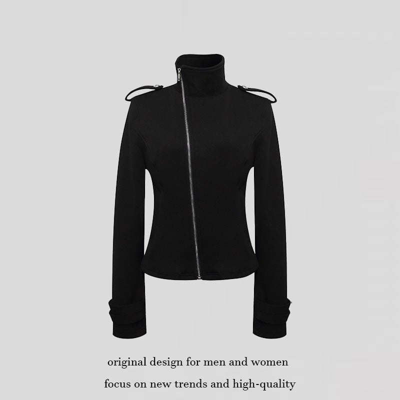Damen Figurnahe Zip-Jacke mit Stehkragen, asymmetrischem Reißverschluss und Schulterklappen Drune