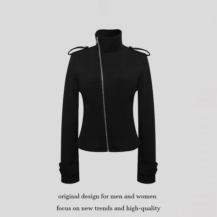Damen Figurnahe Zip-Jacke mit Stehkragen, asymmetrischem Reißverschluss und Schulterklappen Drune