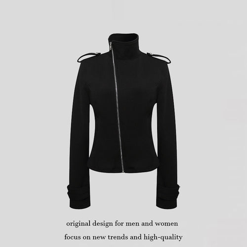 Damen Figurnahe Zip-Jacke mit Stehkragen, asymmetrischem Reißverschluss und Schulterklappen Drune