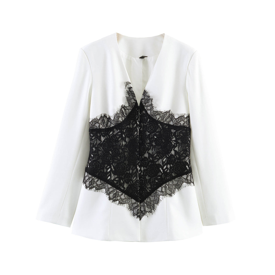 Damen Taillierter Blazer mit floraler Spitzenapplikation und V-Ausschnitt Drune