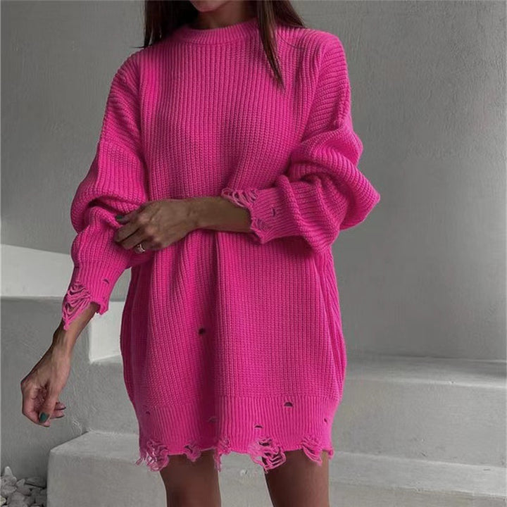 Damen Oversize Grobstrick-Minikleid mit Destroy-Effekt und Rundhalsausschnitt Drune