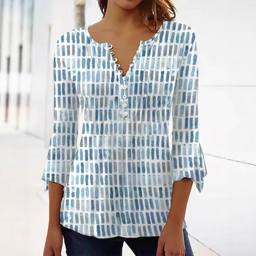 Damen nan luftig leichtes Aquarell-Print Blusenshirt mit Henley-Knopfleiste und dreiviertel Glockenärmeln Drune