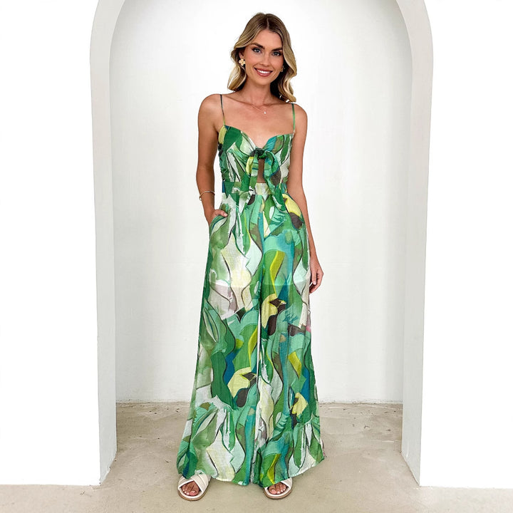 Damen Eleganter Jumpsuit mit floralem Design und verstellbaren Spaghettiträgern Drune