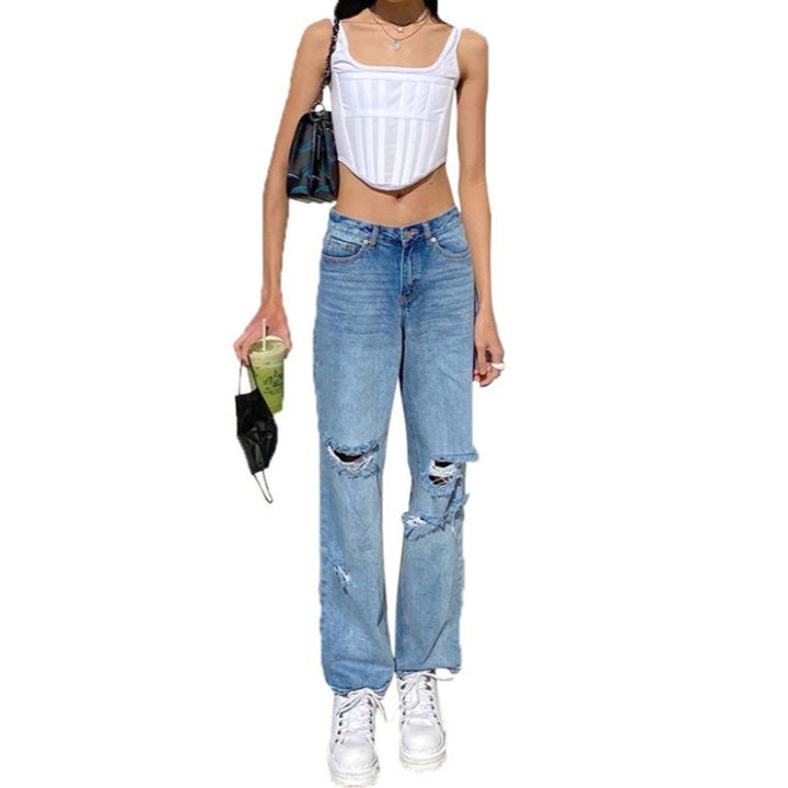 Damen nan hochgeschnittene weite Jeanshose im Baggy-Stil mit Knieausfransungen und elastischem Saum Drune