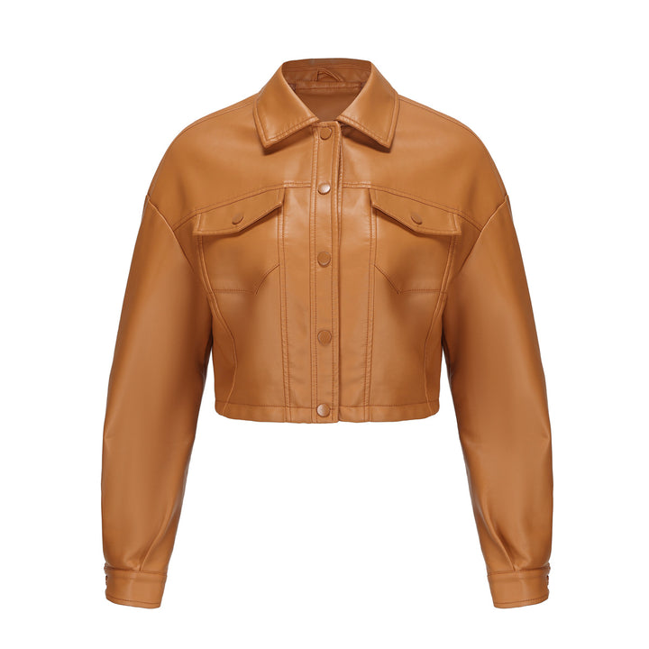 Damen nan kurze Lederjacke im Trucker-Stil mit kastiger Cropped-Passform Drune