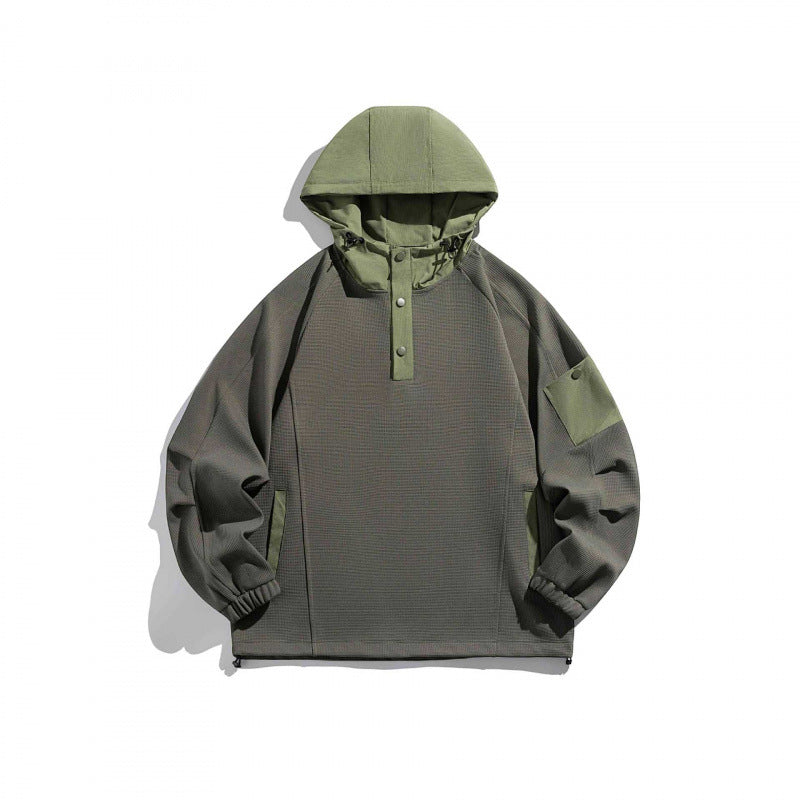 Unisex Technischer Kapuzenpullover im Oversize‑Cut mit Henley‑Knopfleiste, Patchtasche und tunnelzug Drune