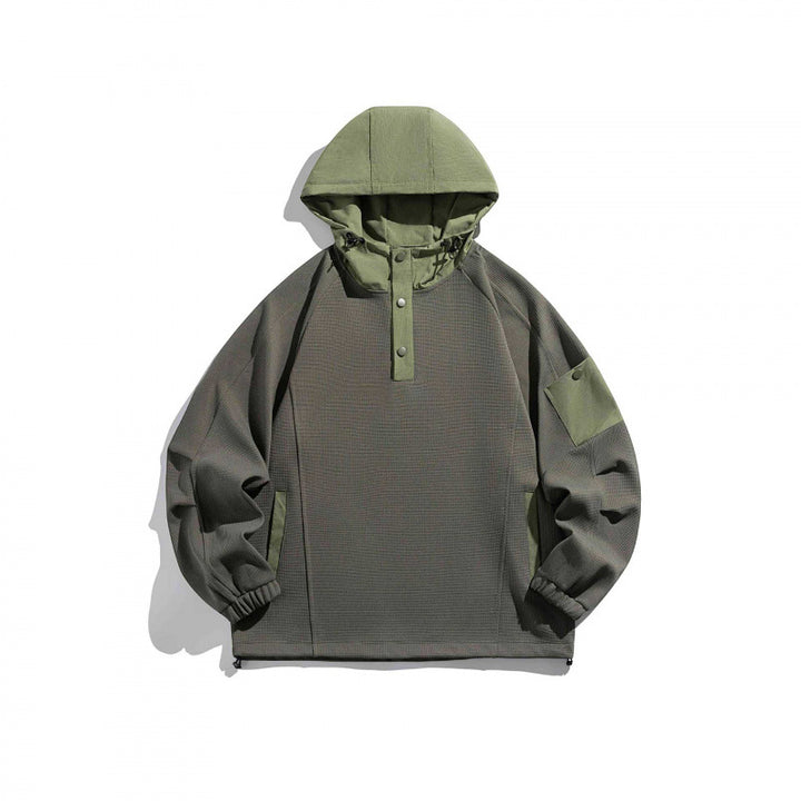 Unisex Technischer Kapuzenpullover im Oversize‑Cut mit Henley‑Knopfleiste, Patchtasche und tunnelzug Drune