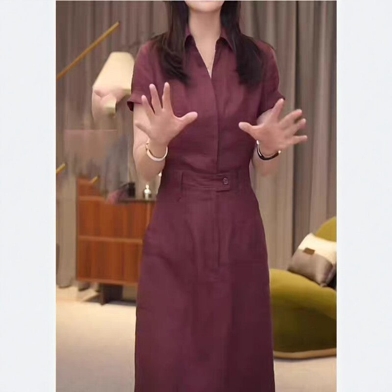 Damen Tailliertes Hemdblusen-Midikleid mit verdeckter Knopfleiste und Taillenpassante Drune