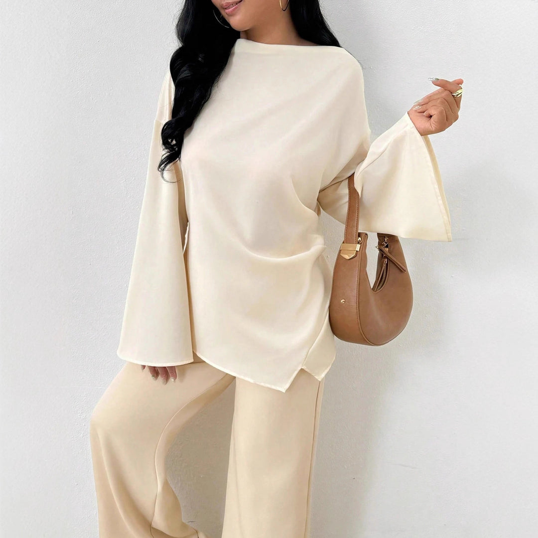 Damen nan oversized Satin-Tunika mit U-Boot-Ausschnitt und weiten Trompetenärmeln Drune