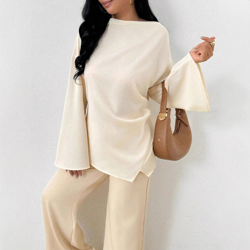 Damen nan oversized Satin-Tunika mit U-Boot-Ausschnitt und weiten Trompetenärmeln Drune