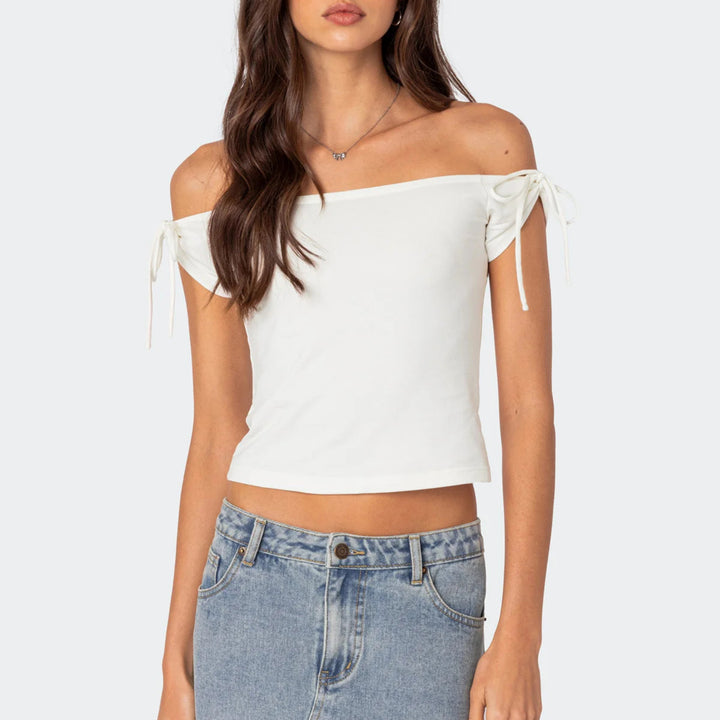 Damen raffiniertes Off-Shoulder T-Shirt mit eleganten Bindebändern Drune
