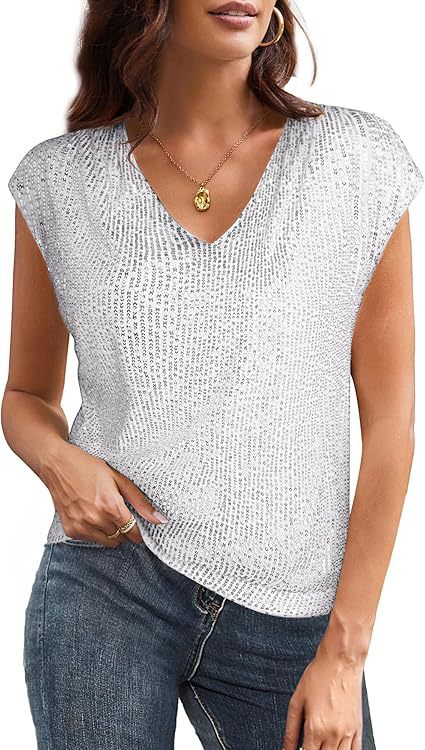 Damen Glitzerndes Oberteil mit V-Ausschnitt und lockerer Passform Drune