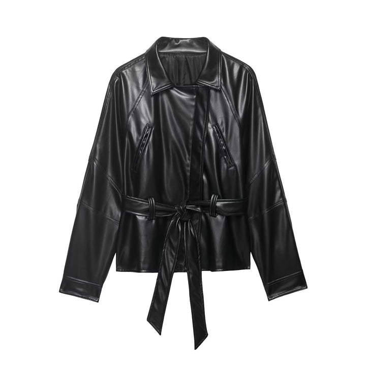Damen Kurze Lederoptik-Trenchjacke mit Taillengürtel und überschnittenen Raglanärmeln Drune