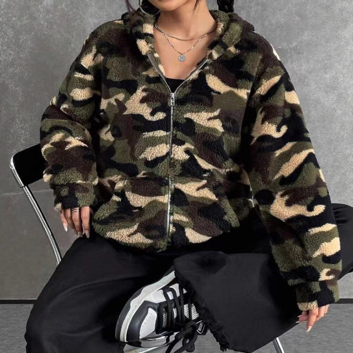 Damen Teddy-Fleece Kapuzenjacke im Camouflage-Look Drune