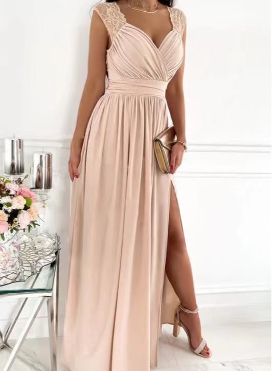 Damen elegantes Maxikleid mit Spitzenärmeln und seitlichem Schlitz Drune