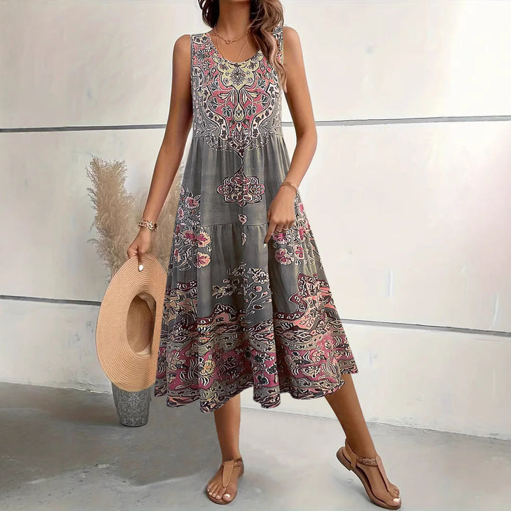 Damen Maxi-Kleid mit verspieltem Ethnomuster und schwingendem Schnitt Drune