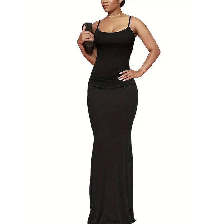Damen elegantes Maxikleid mit schmalen Spaghettiträgern und fließendem Schnitt Drune