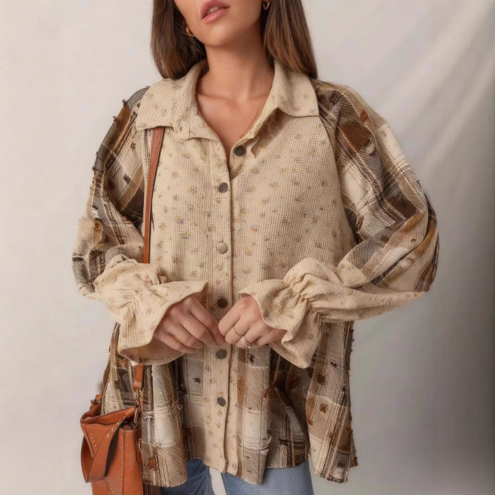Damen Patchwork-Bluse-Jacke mit plissiertem Saum und Knopfleiste Drune