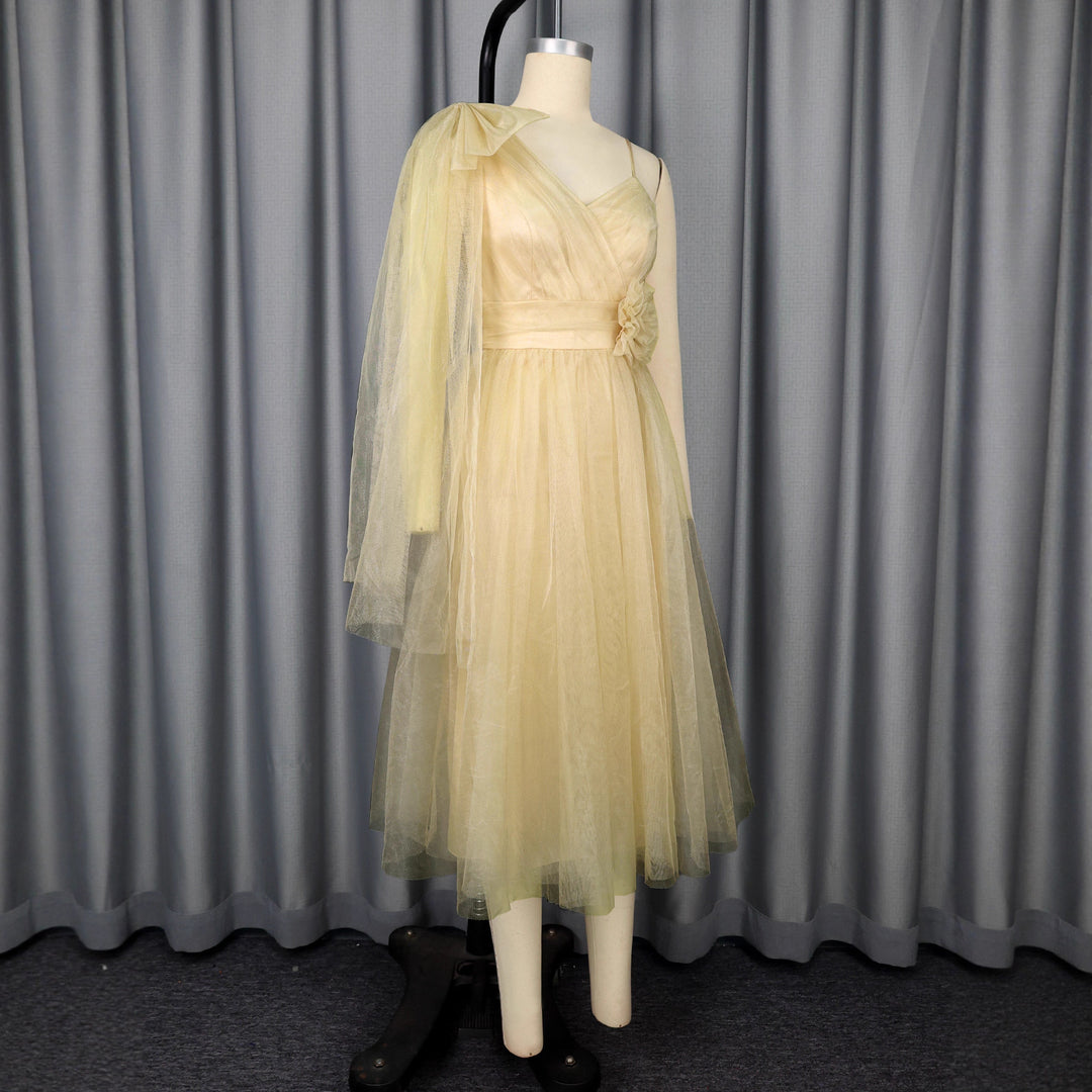 Damen festliches Midikleid mit asymmetrischem Chiffon-Overlay und floraler Applikation Drune