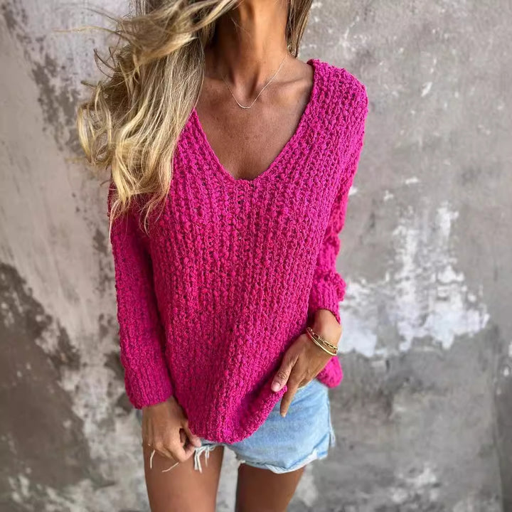 Damen Bequemes V-Ausschnitt Sweatshirt mit Struktur und langen Ärmeln Drune