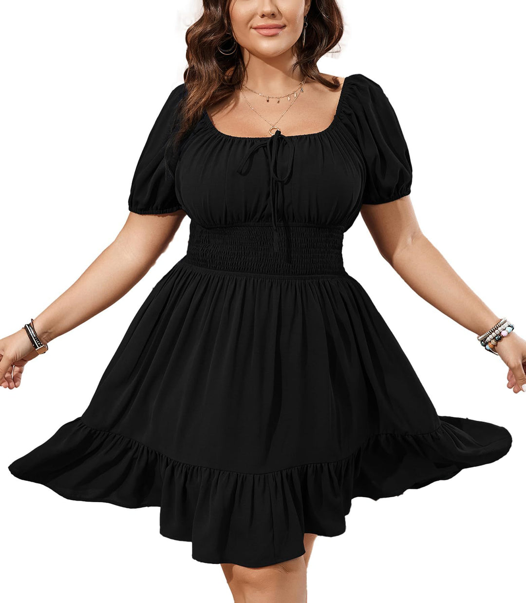 Damen Midikleid mit Smok-Taillenband und Puffärmeln Drune