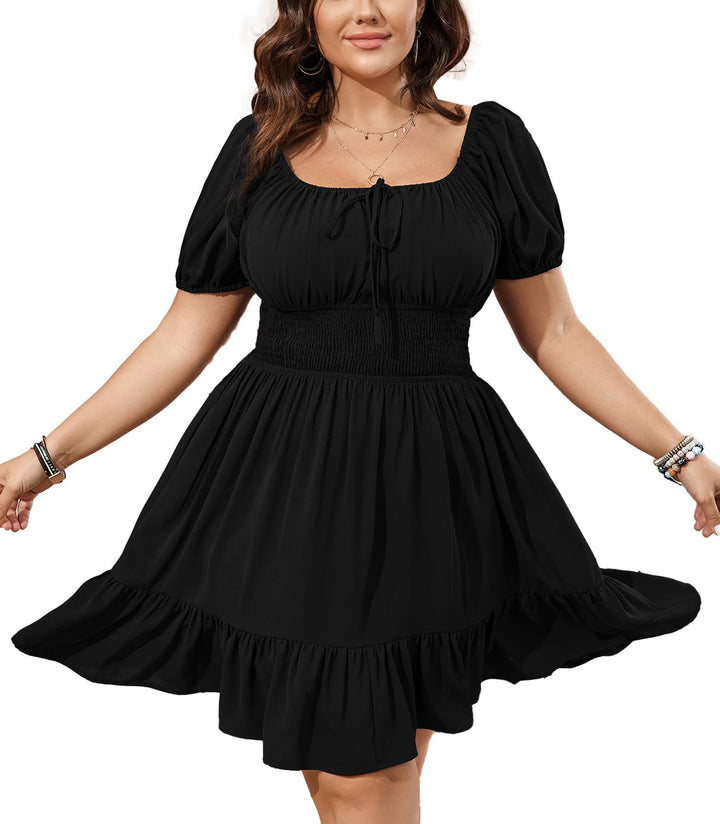 Damen Midikleid mit Smok-Taillenband und Puffärmeln Drune