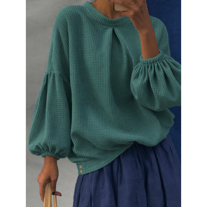 Damen Oversize Waffelstrickpullover mit Ballonärmeln und Kellerfalte Drune