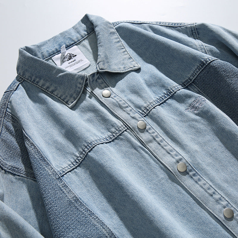 Unisex Oversize-Jeansjacke mit kontrastreichen Webpaneelen und Druckknopfverschluss Drune