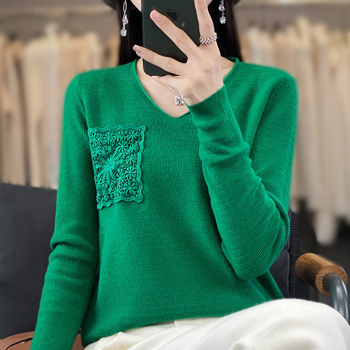 Damen Kaschmir‑Optik V‑Ausschnittpullover mit floraler Häkelapplikation Drune