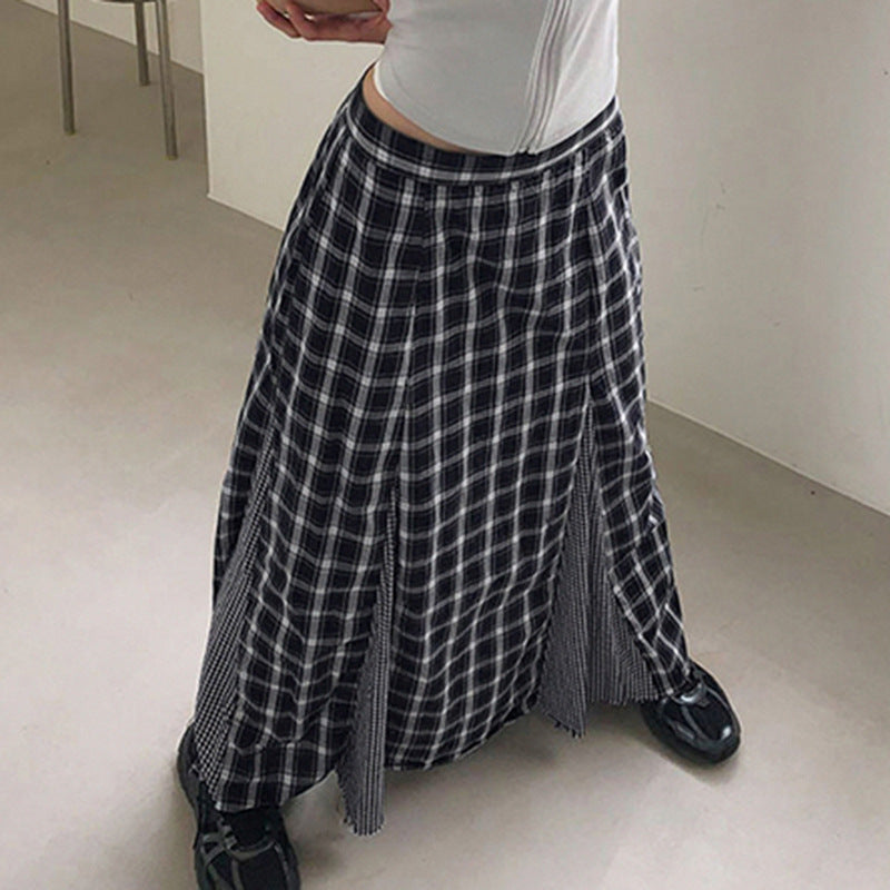 Damen Eleganter Maxirock mit kontrastierenden Karomustern und seitlichen Schlitzen Drune