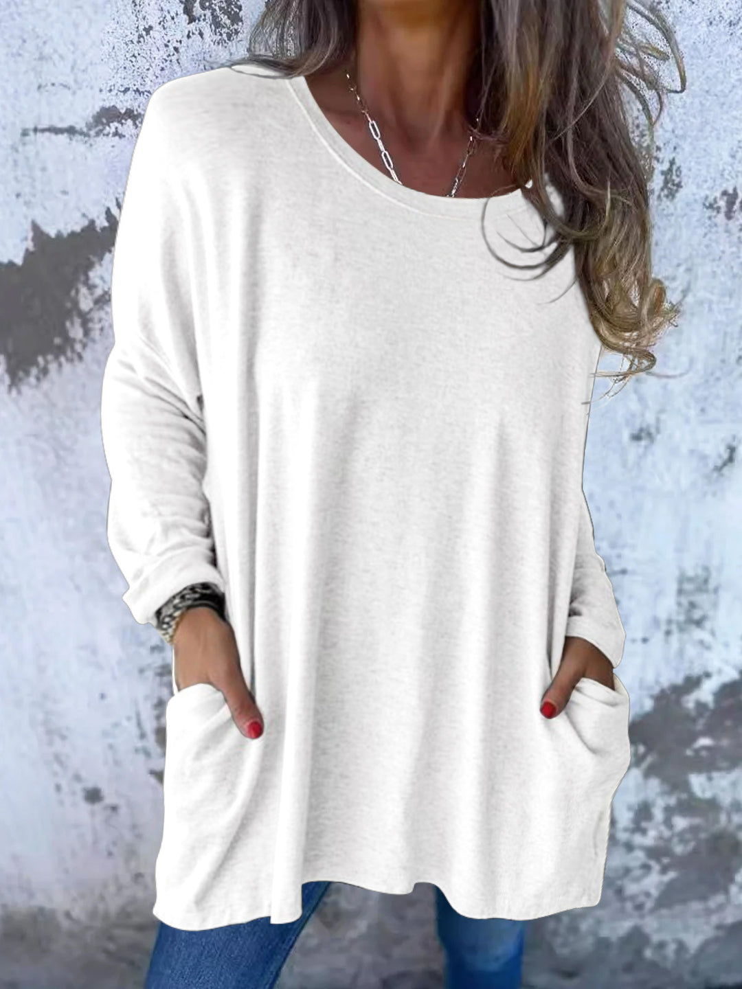 Damen Weiches Oversize Langarmshirt mit Rundhalsausschnitt, Lässigen Ärmeln und Seitentaschen Drune