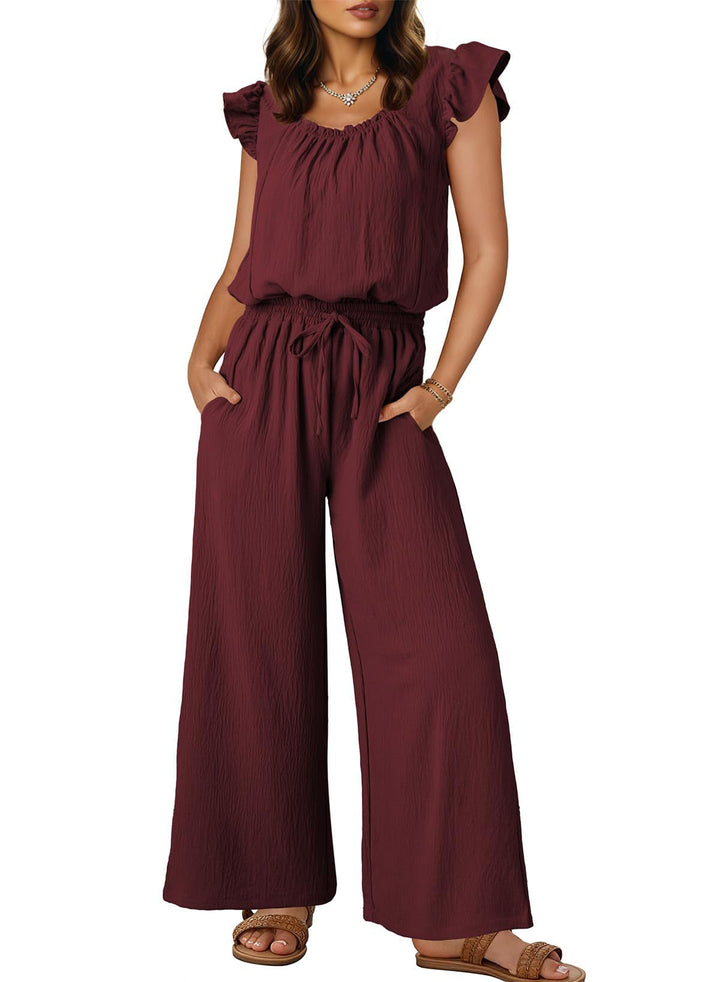 Damen Crinkle-Overall mit weitem Bein, elastischem Taillenbund und Rüschenärmeln Drune