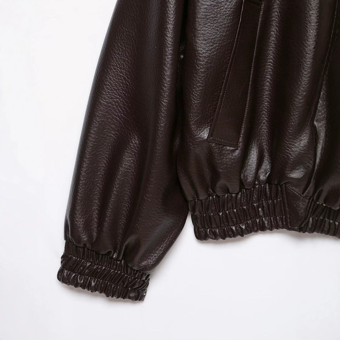 Damen Oversized Kunstleder-Bomberjacke mit Epauletten, elastischem Saum und Eingrifftaschen Drune