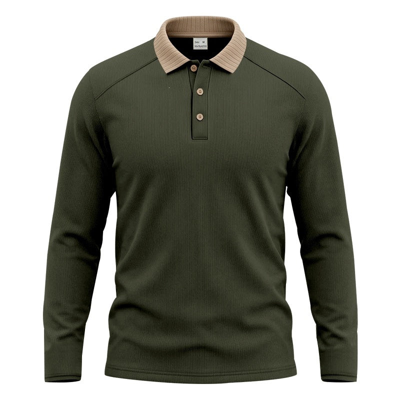 Herren Langarm-Polo aus feinem Rippstrick mit Kontrastkragen und Knopfleiste Drune