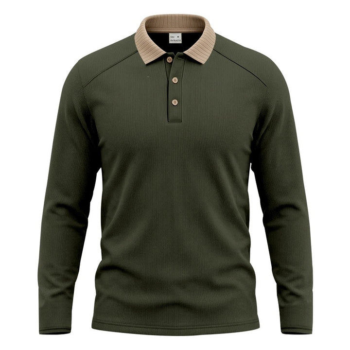 Herren Langarm-Polo aus feinem Rippstrick mit Kontrastkragen und Knopfleiste Drune