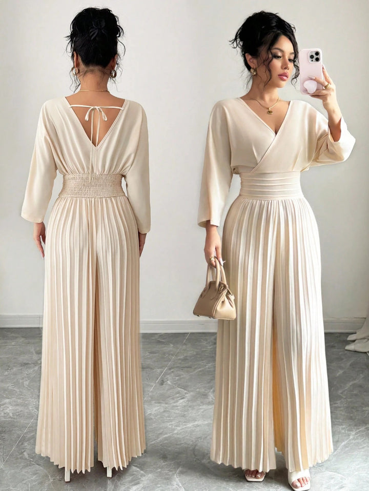 Damen Eleganter Plissee-Jumpsuit mit V-Ausschnitt Drune