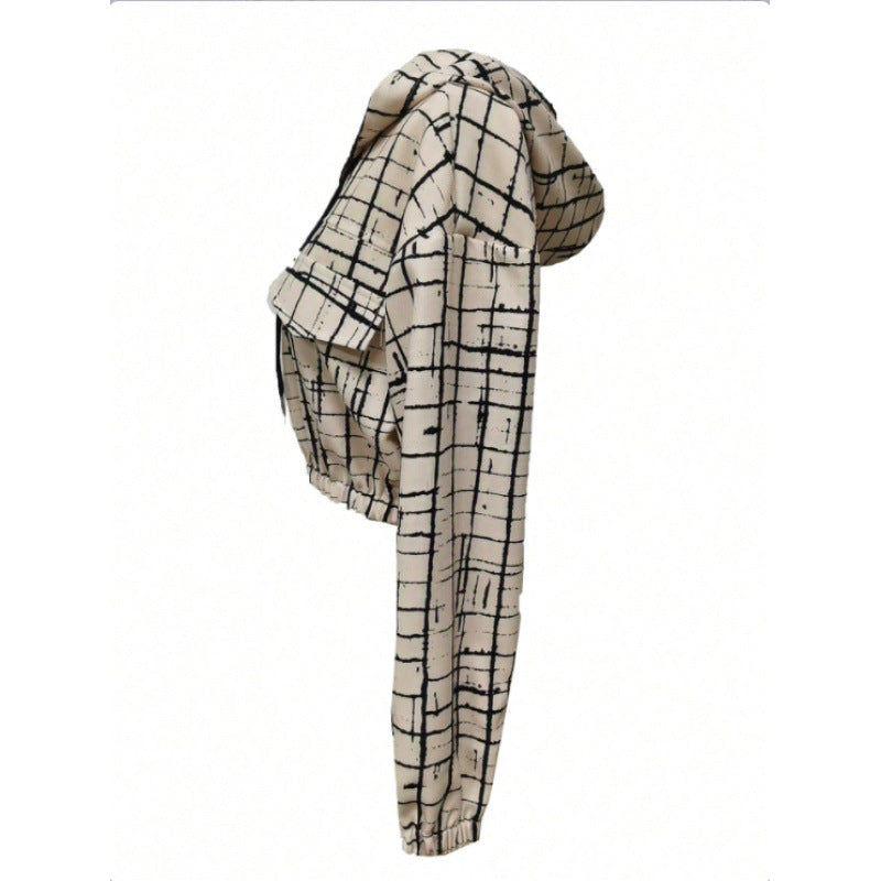 Damen stylische kurz geschnittene Jacke mit geometrischem Muster und moderner Kängurutasche Drune