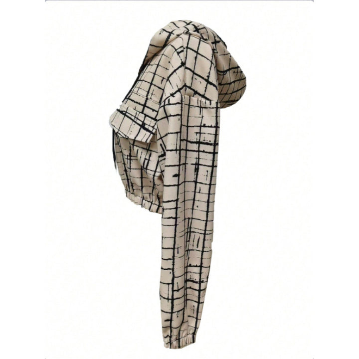 Damen stylische kurz geschnittene Jacke mit geometrischem Muster und moderner Kängurutasche Drune