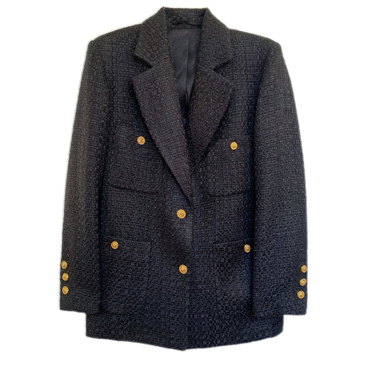 Damen Eleganter Tweed Blazer mit goldenen Knöpfen Drune