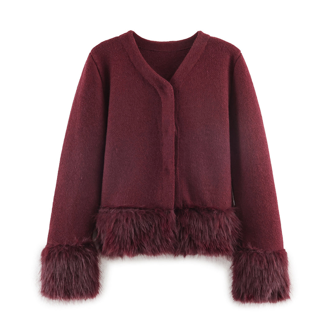 Damen nan kurze Wolljacke mit flauschigem Kunstfellbesatz am Saum und Ärmeln Drune