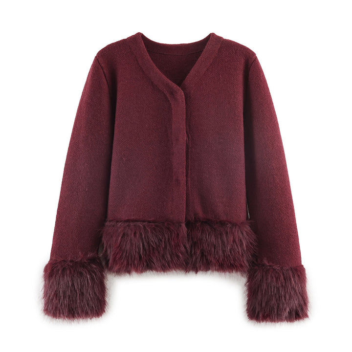 Damen nan kurze Wolljacke mit flauschigem Kunstfellbesatz am Saum und Ärmeln Drune